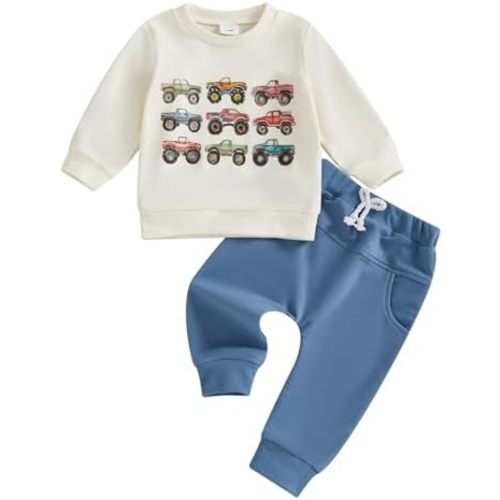 Toddler Baby Boy Fall Winter Clothes Crewneck Sweatshirt Long Sleeve Trucks Shirt and Pants Cute Boys Outfits