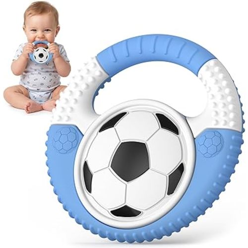 Baby Teething Toys Silicone Baby Soccer-Themed Teether Over 3 Months - Sensory Chew Toys - Baby Teether for Teething Relief - BPA Free Infant Toys Baby Shower Gifts (Blue&White)
