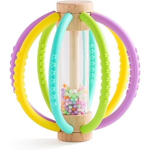 Silicone Baby Rattle for Newborns 6-12 Months, Montessori Sensory Developmental Toy, Relief Chew Teether―Wooden Learning Shaker Infant Rain Maker, Soft Activity Ball Roller for Boys & Girls