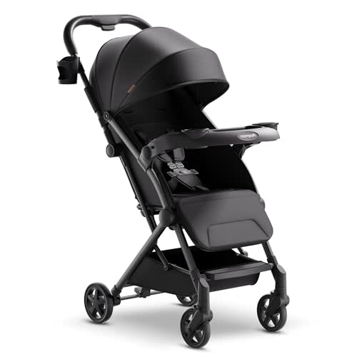 Mompush Lithe V2 Lightweight Stroller with Snack Tray, Ultra-Compact Fold & Airplane Ready Travel Stroller, Near Flat Recline Seat, Cup Holder, Raincover & Travelbag Included