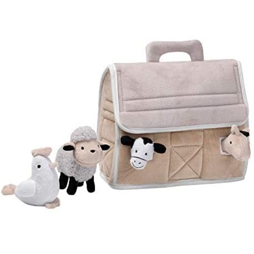Lambs & Ivy Baby Farm Plush Barn with 4 Stuffed Animals Toy - Taupe/Gray/White