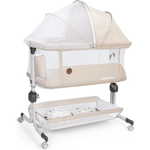 Baby Bassinet Bedside Sleeper, Upgraded Stability Bedside Crib with Full Mesh Sides, Soft Sheet, 6-Height Adjustment, Storage Basket, Easy Folding Portable Bassinet for Newborns, Oatmeal