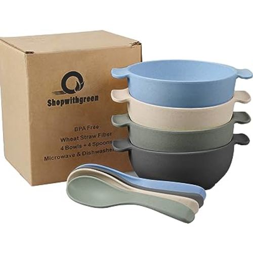 shopwithgreen Unbreakable Kids Bowls -Microwave Dishwasher Safe- Wheat Straw Snack Bowl Sets for Kids and Toddler-4 Bowls and 4 Spoons, Lightweight and Durable (Small)
