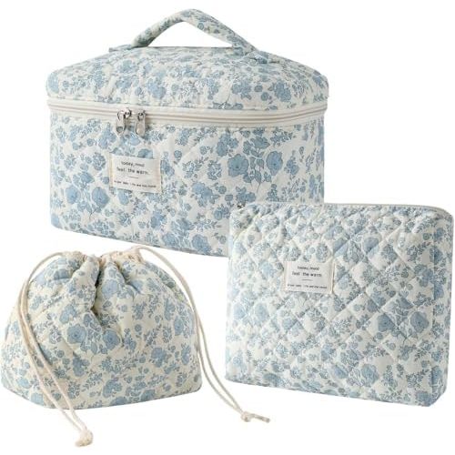 3Pcs Aesthetic Cotton Quilted Drawstring Makeup Bag Set, Cute Flowers Makeup Pouch for Girls and Women, Coquette Travel Organized Cosmetic Bags for Purse, Toiletry Bag (07Blue Flower)