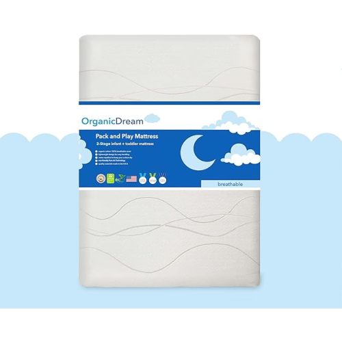 ORGANICDREAM Deluxe Pack & Play Mattress I 2-Stage Dual-Sided I GreenGuard Gold Certified I 100% Breathable I Firm Infant Side + Softer Side Memory Foam