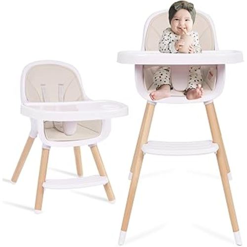 Convertible Baby High Chair, 3-in-1 Wooden Highchair/Toddler Chair with Removable Tray, Feeding & Dining Chair with 5-Point Harness, PU Cushion, Footrest for Babies & Toddlers, Beige