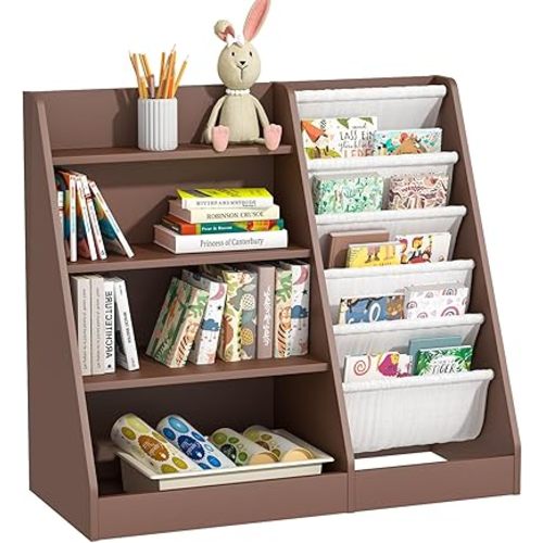 Kids Bookshelf Toy Storage Organizer 4-Tier Wood Book Rack Toddler Bookcase Baby Book Toy Display Shelf 5 Sling Bookshelf for Playroom Bedroom Nursery Classroom Church Espresso