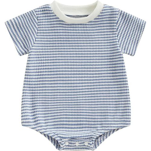Newborn Baby Boy Girl Waffle Romper Short Sleeve Solid Striped Crewneck Bubble Oversized Bodysuit Infant Summer Outfit
