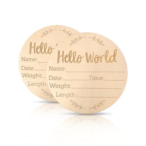 2 Pack Baby Announcement Sign, 5.9 Inch Wooden Hello World Newborn Signs, Name tags for twin babies, Baby Shower Hospital Nursery for Newborn Boys and Girls