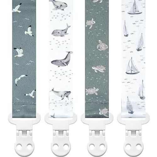 Baby Pacifier Clip Holder - Girl or Boy Unisex 4 Pack Gift Set – Nautical Blue Whales Boats Turtles (Gone Sailing)