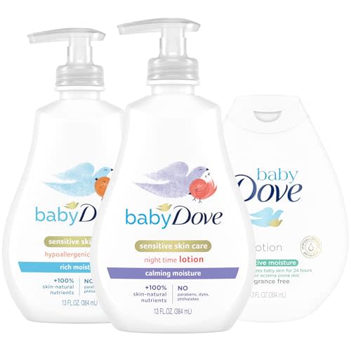 Dove Baby Lotion Sensitive Skin Care Bundle – Ultra-Gentle Face & Body Lotions for Newborns & Infants, 2 Hypoallergenic Scents, 1 Fragrance-Free, 13 Oz Ea