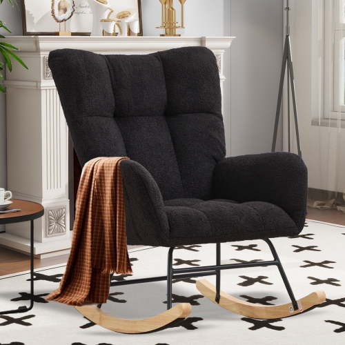 SENCHO GINSYTALIOR Nursery Rocking Chair Teddy Upholstered Glider Rocker,Rocking Accent Chair Padded Seat with High Backrest ,Solid Wood Legs for Nursery Bedroom Living Room(Black）