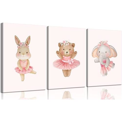 3Pcs Pink Ballerina Animals Canvas Wall Art Cute Elephant Bunny Bear Wall Decor Pictures Nursery Baby Room Posters Prints for Girls Room Bedroom Home Decoration 12x16in
