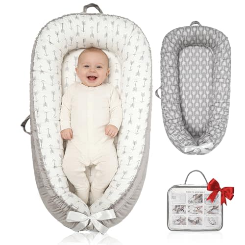 Baby Lounger | Organic Cotton Infant Floor Lounger | Reversible, Adjustable & Portable | 2 Assorted Promotional Colors (Gray Arrow & White Arrow) - Random Delivery, Please Confirm Before Ordering