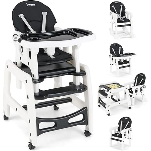 INFANS 5 in 1 Baby High Chair, Convertible Toddler Table Chair Set, Rocking Chair, Multi-Function Seat with Lockable Universal Wheels, Adjustable Seat Back, Removable Trays (Black)