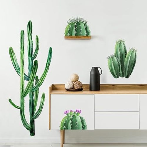 Supzone Cactus Wall Decals Tropical Green Plants Boho Cactus Wall Stickers Peel and Stick Vinyl with Sun and Birds Cacti Wall Art Decor for Baby Boy Kids Grils Nursery Living Room Bedroom Office