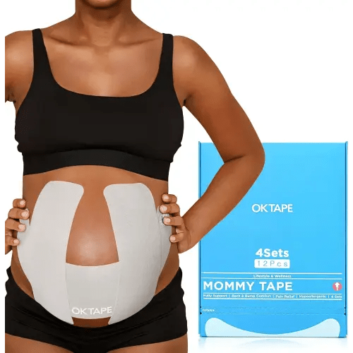 OK TAPE Pregnancy Belly Tape, Hypoallergenic Precut Belly Band Support, Relief Maternity Round Ligament Pain/Back Pain/Belly Pain, Women Pregnancy Must Haves, 4 Sets, Fashion Grey - for 13-26 Weeks