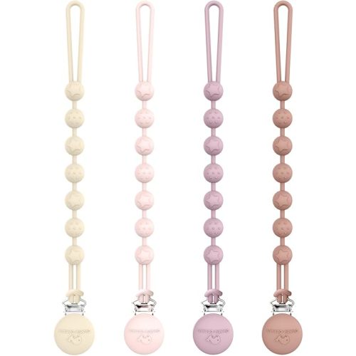 Cuddle Campus Silicone Pacifier Clip Holder with One Piece Design, Pack of 4 Soft Flexible Binky Clips with Texture for Baby Boy and Girl Set 5