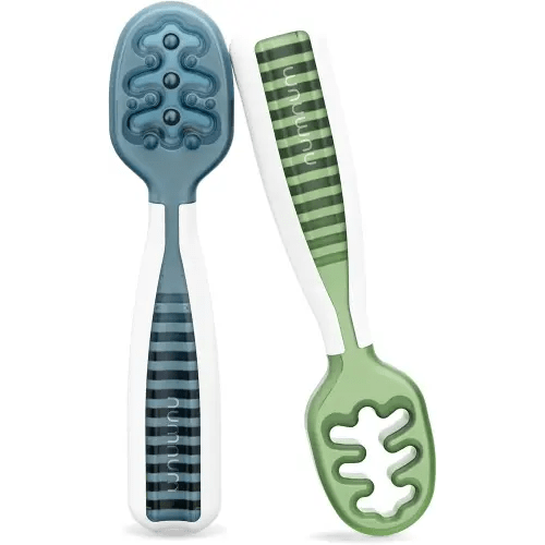 NumNum Baby Spoons Set, Baby Essentials Pre-Spoon GOOtensils for 6+ Months, First Stage Self-Feeding Spoons for Baby Led Weaning (BLW), Silicone Toddler Utensils, BPA-Free, 2 Pack Blue/Green