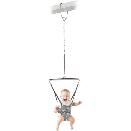 Jolly Jumper Iconic (Grey Safari), Doorway Baby Jumper, Indoor Exercise Saddle Seat, Adjustable Height, for Infants up to 28lbs, Black, No Stand Required