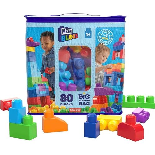 MEGA BLOKS First Builders Toddler Blocks Toys Set, Big Building Bag with 80 Pieces and Storage, Blue, Ages 1+ Years - Blue Bag