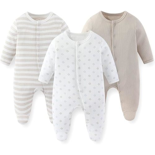 Unisex Baby Boy Girl Footies Rompers Cotton Long Sleeve 3 Pack Infant Jumpsuits 0-12Months Babies' Outfits
