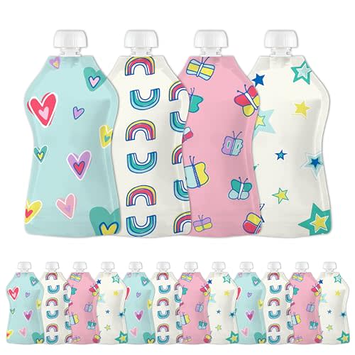 Squooshi Reusable Baby Food Pouches for Toddlers | BPA Free Plastic, Food Safe, Freezer Safe | Refillable for Applesauce Yogurt & Puree Squeeze Pouch | 12 Pack | 5 oz | Assorted Designs