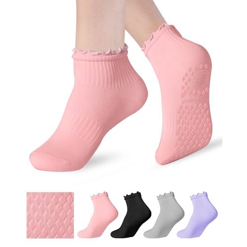 Shakoelun Non Slip Grip Yoga Socks for Women Breathable Cute Ruffle Ankle Socks for Yoga, Pilates, Barre Workouts