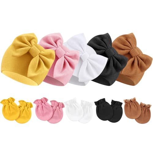 Newborn Baby Hats and Mittens Set Infant Bow Beanie Cap Toddler Gloves Newborn Hospital Hats for Baby Boy Girl 0-12 Months