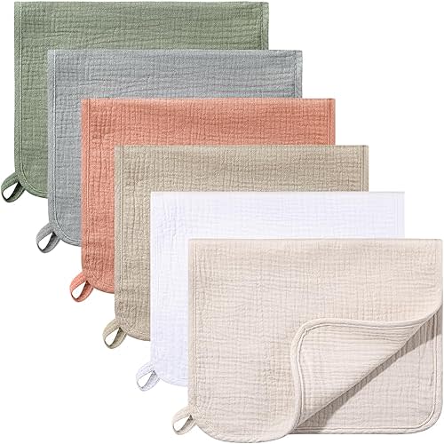 Hicarer 6 Count Muslin Burp Cloths Cotton Baby Burping Rags Large 20 x 10 Inch 6 Layers Spit up Rags Soft Absorbent Multicolor Wash Cloths Diapers for Newborn Baby Girl Boy(Mixed Colors Series)