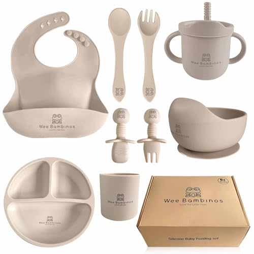 Wee Bambinos Silicone baby feeding set, 10 pcs baby silicone feeding set, baby plates and bowls set, baby led weaning set, baby plates and utensils set, baby eating set, platos para bebes, Beige.