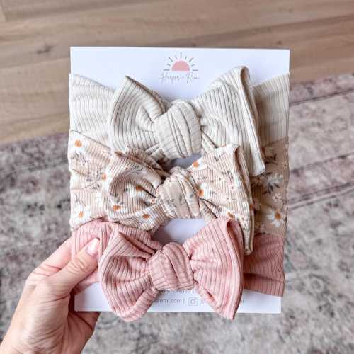 Neutral Baby / Newborn Headbands, Oversized Bow or Top Knot Options (taupe Daisy, Sand, Dusty Pink)
