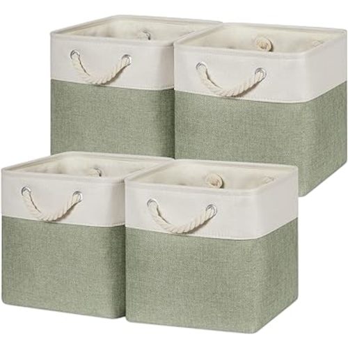 Temary Cube for Shelves 11 Inch Bin 4Pack Fabric Storage Baskets for Organizing Toys, Clothes, Decorative Baskets with Rope Handles (White&Green)