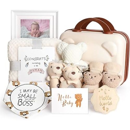 Baby Gift Set, Baby Shower Gifts for Girls Boys, Bear New Baby Gift Basket Include Newborn Rattle Blanket Wooden Keepsake Milestone Cute Bibs Socks Greeting Card, Baby Gift Essentials Stuff