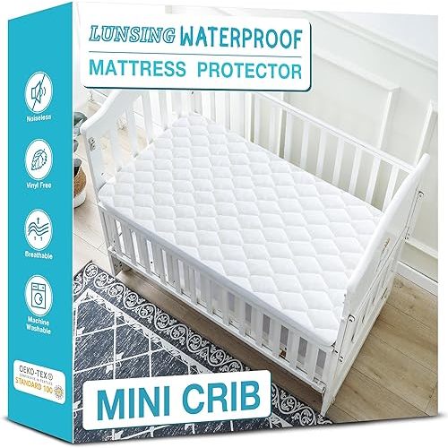 Lunsing Waterproof Mini Crib Mattress Protector, Soft Breathable Mini Crib Size Mattress Pad Cover, 3-10 inches Deep Pocket, White