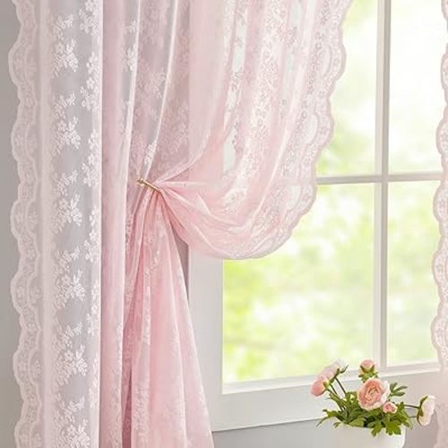 YJ YANJUN Vintage Lace Curtains Elegant Floral Pink Sheer French Door Curtains Set of 2 Shabby Chic Voile Door Drapes for Door Window Living Room Girls Room 52" W x 72" L 2 Panels