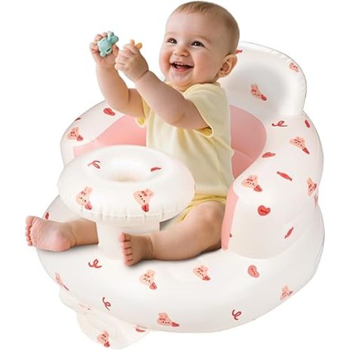 Inflatable Baby Seat with Tray, Comfortable Sit Me Up Baby Chair for Learning to Sit, Built in Air Pump Blow Up Infant Back Support Floor Seat for Babies 3 Months & Up (Pink Bunny)