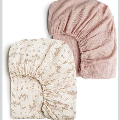 Konssy Muslin Crib Sheets for Girl Boy, 2 PCS Soft and Breathable Cotton Baby Sheets for Standard Crib Mattress, 52"x 28" (Floral, Pink)