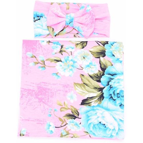 Newborn Receiving Blanket Headband Set Flower Print Baby Swaddle Receiving Blankets