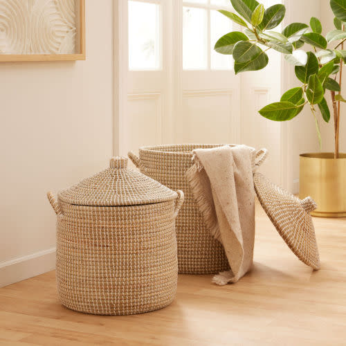Medium - Adira White and Natural Seagrass Basket With Lid - World Market