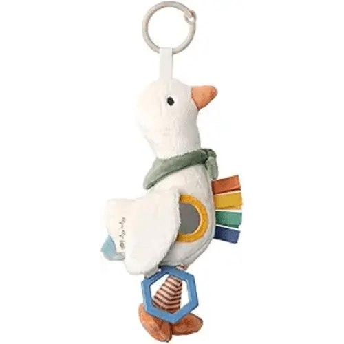 Itzy Ritzy Bitzy Traveler Car Seat & Stroller Toy for Babies – Developmental Sensory Toy Features Crinkle & Rattle Sounds & Multiple Textures – Hanging Travel Buddy for On-the-Go Entertainment (Goose)