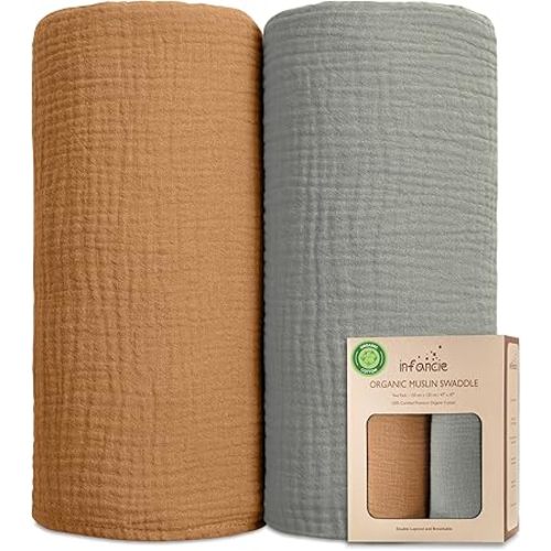 Organic Cotton Muslin Baby Blanket - 47x47 Inch Breathable Swaddle, Hypoallergenic Double-Layer, Versatile Use (Gold/Sage)