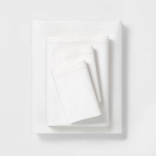 4pc King Linen Blend with Hem Stitch Sheet Set Fresh White - Hearth & Hand™ with Magnolia: Softner Treated, OEKO-TEX Certified