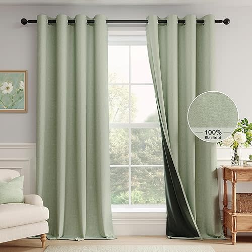FMFUNCTEX 100% Blackout Sage Green Curtains for Bedroom/Living Room Darkening Drapes, Linen Textured Curatins 63 Inch Length Farmhouse Thermal Insulated Heavy Curtain, Grommet Top Black Out 2 Panels