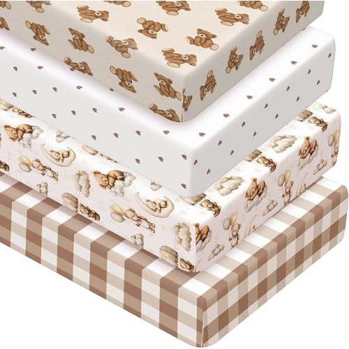Peryiter 4 Pack Crib Sheets Girl Soft Baby Bed Sheet Set 52'' x 28" Nursery Crib Sheets for Standard Bed for Nursery Decor Baby Boys or Girls(Brown,Bear)