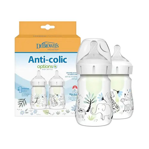 Dr. Brown’s Natural Flow Anti-Colic Options+ Wide-Neck Baby Bottle Designer Edition Bottles, Jungle Decos, 5 oz/150 mL, Level 1 Nipple, 2-Pack, 0m+