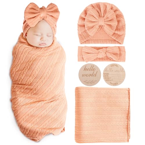 AQOKKA Newborn Receiving Blanket with Bow Hat Headband Wooden Card Set Wheat-Pattern Newborns Toddler Baby Boy Girl Nursery Swaddle Wrap