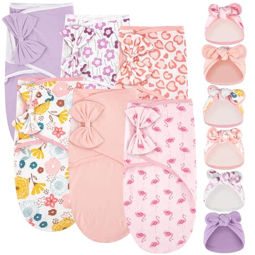 Ramede 6 Pack Baby Swaddle Blanket with Hats Sleep Swaddle for 0-3 Months Newborn Sacks Soft Cotton Wearable for Boy Girl