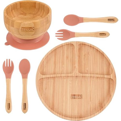 6PCS Bamboo Baby Feeding Set, Baby Suction Bowl & Plate with Silicone Spoons & Forks, Wooden Feeding Supplies for Infant & Toddlers, Baby Led Weaning Supplies Non Slip & BPA Free (Orange-Round)