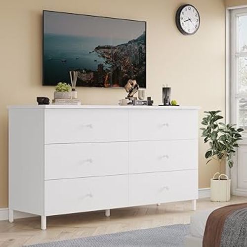 Hasuit 6 Drawers Double Dresser, Wooden Dresser with Heavy Sturdy Steel Frame, Large Capacity Storage Chest of Drawers, White Dresser for Bedroom, Living Room, Entryway
